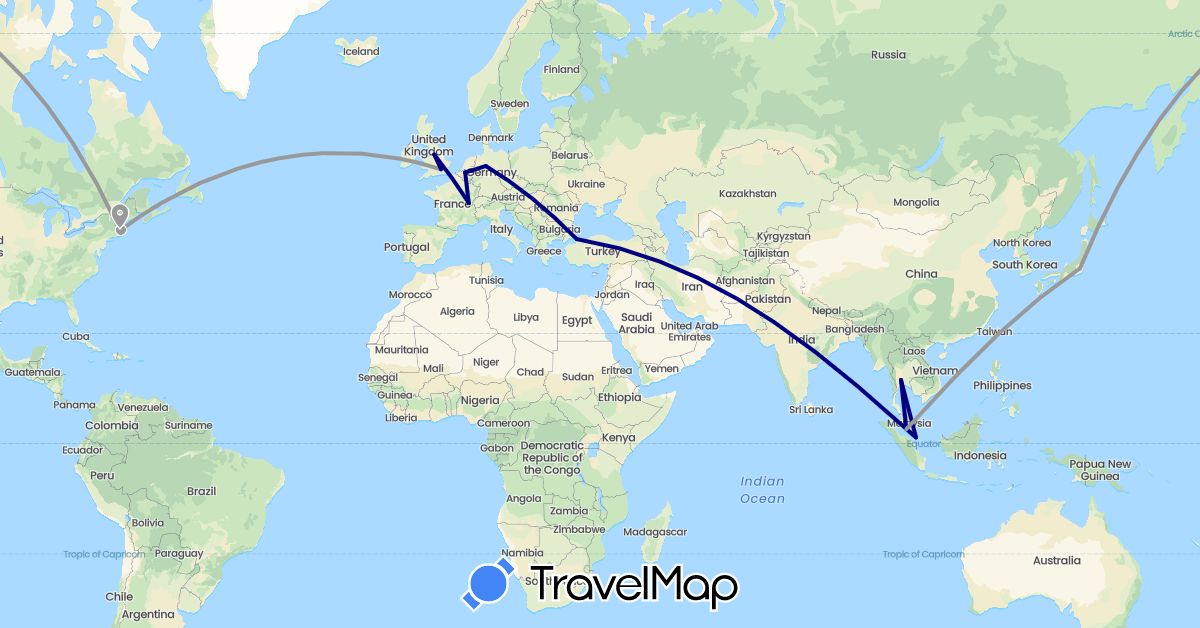 TravelMap itinerary: driving, plane in Belgium, Germany, France, United Kingdom, Japan, Malaysia, Singapore, Thailand, Turkey, United States (Asia, Europe, North America)