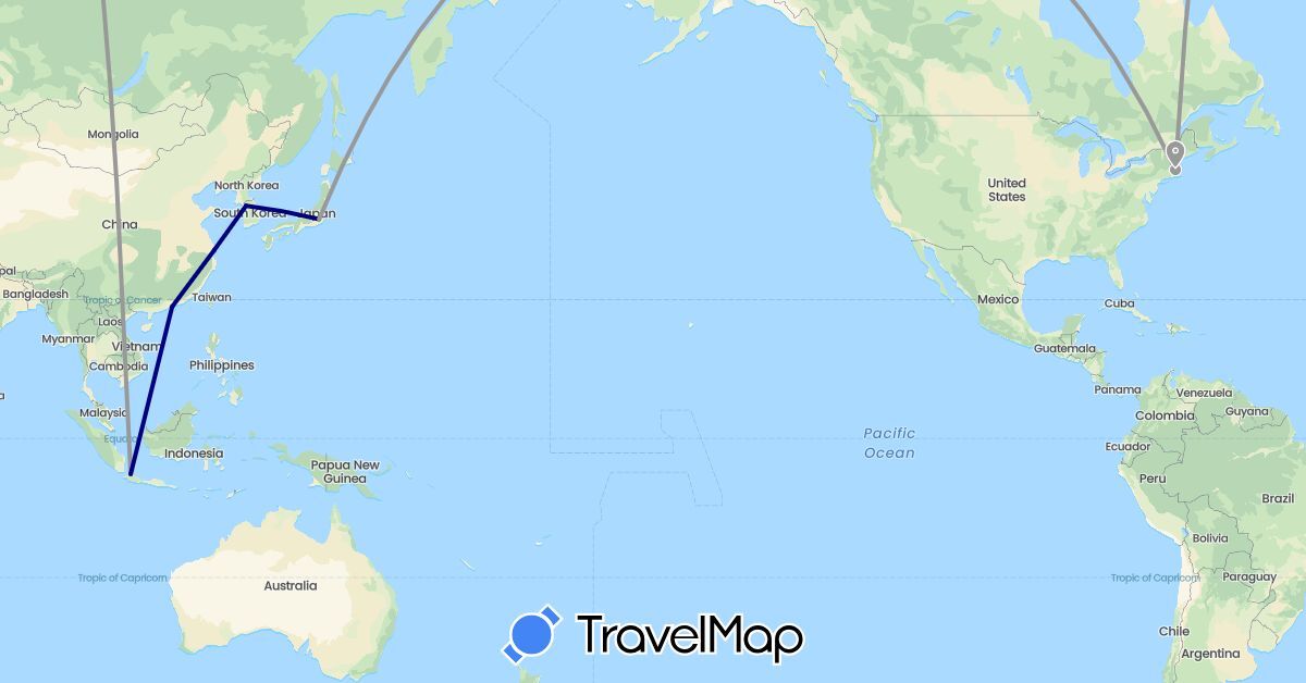 TravelMap itinerary: driving, plane in China, Hong Kong, Indonesia, Japan, South Korea, United States (Asia, North America)
