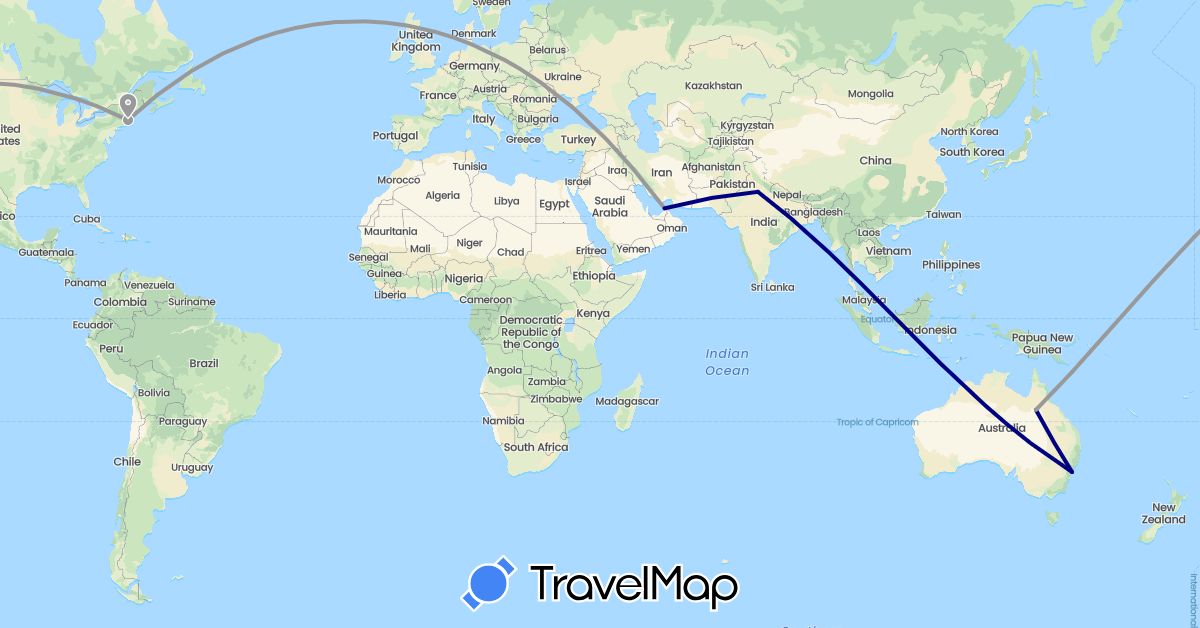 TravelMap itinerary: driving, plane in United Arab Emirates, Australia, India, United States (Asia, North America, Oceania)